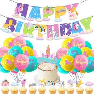 Unicorn - Versiering - Party set - 36 delig - Verjaardag - Feest artikelen - 1 Slinger - 24 Ballonnen - 10 Cupcake toppers - 1 Cake topper