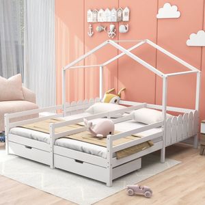 Kinderhuis Bedframe 90 X 200 cm tweepersoonsbed- Houten stapelbed met hek en dak - Halfgesloten bedframe met valbeveiliging en lattenbodem met 2 lades - voor tieners/meisjes/jongens