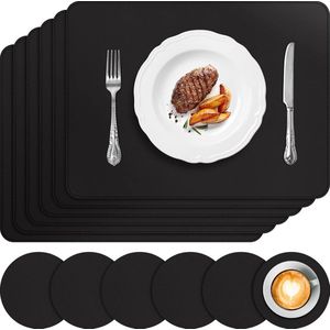 Placemat, leer, 6-delige set, kunstleer, afwasbaar, hittebestendig, dubbelzijdig, waterdicht, lederlook met onderzetter, antislip, 41 x 31 cm, zwart