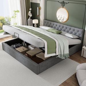 Grijs Gestoffeerd Bed 180 x 200 cm - Opbergbed met Opbergruimte - Tweepersoonsbed - Zonder matras