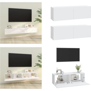 vidaXL Tv-meubelen 2 st wandgemonteerd 100x30x30 cm bewerkt hout wit - Tv-kast - Tv-kasten - Tv-meubel - Tv-meubel Met LED-verlichting