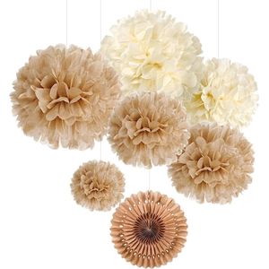 Set van 7 bruine pompons lampions decoratie voor bruiloft kamer decoratie