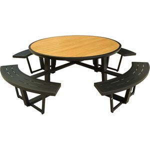 Mobistoxx - Ronde picknicktafel PERUGIA - 8 plaatsen - aluminium - zwart/wood effect