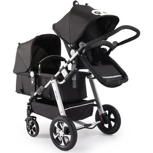 Mygroot - Tweeling Kinderwagen - Duo Buggy - incl. 2 omvormbare zitjes & reiswiegjes - Geschikt voor 1 of 2 kindjes vanaf geboorte tot 22kg - Opvouwbaar - Zwart.