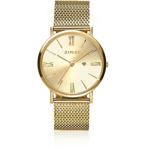 ZINZI Roman horloge goudkleurige wijzerplaat stalen kast geelgoudkleurig stalen mesh band geelgoudkleurig 34mm extra dun ZIW510M