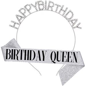 Happy Birthday Tiara en Sjerp-Met text ""Birthday Queen""- Ideaal als Cadeau voor Verjaardagen-birthday diadeem-Zilver