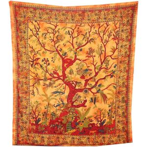 beddensprei van katoen; oranje; 230 x 205 cm; decoraties: levensboom, kleurrijke vogels, bloemen; product uit India; geknoopt en geverfd (Tie-Dye)