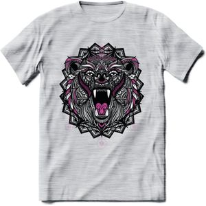 Beer - Dieren Mandala T-Shirt | Roze | Grappig Verjaardag Zentangle Dierenkop Cadeau Shirt | Dames - Heren - Unisex | Wildlife Tshirt Kleding Kado | - Licht Grijs - Gemaleerd - 3XL