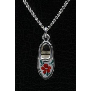 Zilveren Klompschoen ketting hanger - rode bloem
