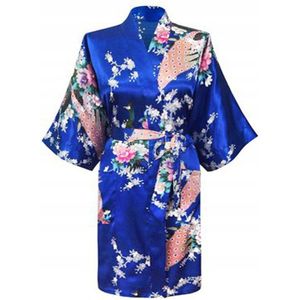 KIMU® Kimono Konings Blauw Kort - Maat S-M - Yukata Satijn Boven de Knie - Korte Blauwe Ochtendjas Japanse Kamerjas Sexy Satijnen Badjas Geisha Pauwen Festival