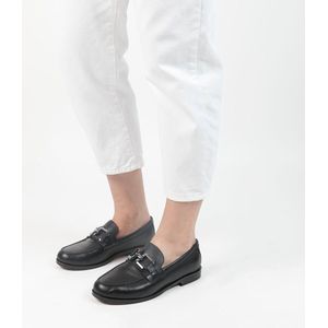 Manfield - Dames - Zwarte leren loafers met vierkanten chain - Maat 37