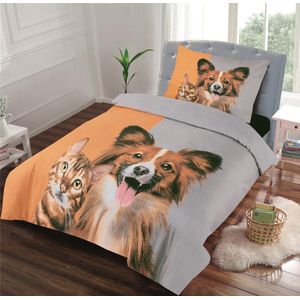 Dekbedovertrek -Hond en kat-Eenpersoons -140 x 220-cm + 1 kussensloop 60x70cm