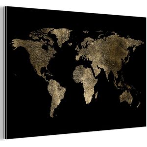 Aluminium schilderij 120x80 cm - Wanddecoratie metaal - Wereldkaart - Goud - Zwart - Aarde - Luxe - Metalen muurdecoratie woonkamer - Decoratie industrieel - Foto op dibond - Industriële accessoires slaapkamer