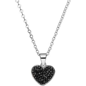 Lucardi Dames Stalen ketting hart met kristal zwart - Ketting - Staal - Zilverkleurig - 47 cm