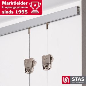 STAS Schilderijrail - Ophangsysteem Schilderijen / Fotolijsten / Poster - Ophangrails - Zonder Boren - Ophanghaak - Ophangrek - Schilderijrails - Minirail - Aluminium -150 cm - Complete Kit