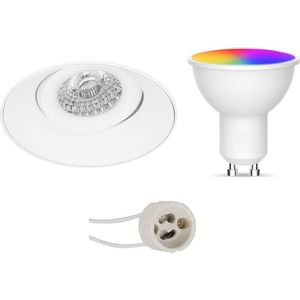 LED Spot Set GU10 - Facto - Smart LED - Wifi LED - Slimme LED - 5W - RGB+CCT - Aanpasbare Kleur - Dimbaar - Afstandsbediening - Pragmi Nivas Pro - Inbouw Rond - Mat Wit - Trimless - Kantelbaar - Ø150mm