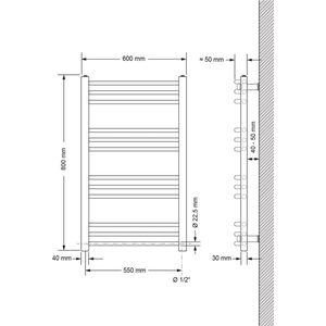 LuxeBath Elektrische Badkamerkachel Sahara 600x800 mm Wit Gebogen Zijaansluiting & Verwarmingsstang 600W met Thermostaat & Digitaal Display, Handdoekverwarming Handdoekwarmer Handdoekdroger