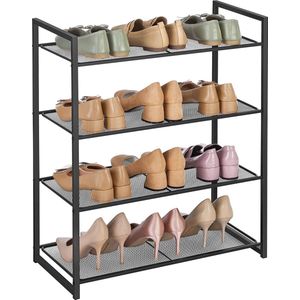 Schoenenrek met 4 schappen, stapelbare schoenorganisatie, voor 12-16 paar schoenen, schoenopslag, van metaal, 63 x 30 x 72 cm (L x B x H), zwart LMR084B01