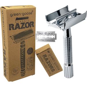 green-goose® Safety Razor Vlindersluiting | Zilver | Met 10 Scheermesjes | Klassiek Scheermes RVS