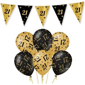 21 Jaar Verjaardag Decoratie Versiering - Feest Versiering - Vlaggenlijn - Ballonnen - Klaparmband - Man & Vrouw - Zwart en Goud