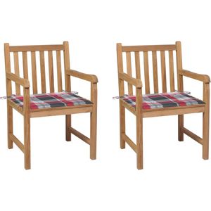 vidaXL - Tuinstoelen - 2 - st - met - rood - geruite - kussens - massief - teakhout