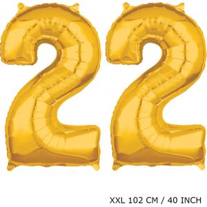 Mega grote XXL gouden folie ballon cijfer 22 jaar.  leeftijd verjaardag 22 jaar. 102 cm 40 inch. Met rietje om ballonnen mee op te blazen.
