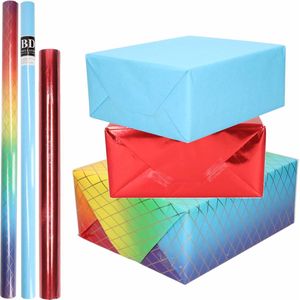 9x Rollen kraft inpakpapier regenboog pakket - regenboog/metallic rood/blauw 200 x 70/50 cm - cadeau/verzendpapier