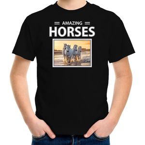 Dieren foto t-shirt wit paard - zwart - kinderen - amazing horses - cadeau shirt witte paarden liefhebber - kinderkleding / kleding 146/152
