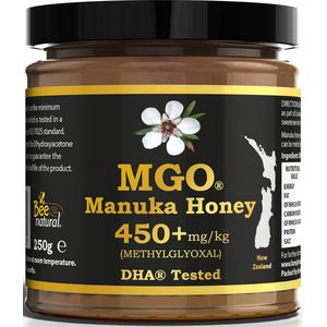 MANUKA HONING MGO® 450+ 250g / T.h.t. 01-10-2026 / BEE NATURAL MANUKAHONING IN EEN ECHT GLAZEN POT # MGO 182 ≥ UMF 8, 250 ≥ 9, 263 300 ≥ 10, 310 ≥ 11, 356 400 ≥ 12, 420 ≥ 13, 514 550 ≥ 15, 600 625 ≥ 16, 633 ≥ 17, 696 720 ≥ 18, 800 ≥ 19, 829 850 ≥ 20