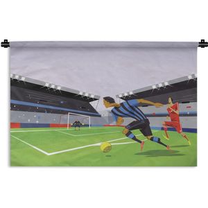 Wandkleed Voetbal illustratie - Een illustratie van spelers die voetballen in een stadion Wandkleed katoen 90x60 cm - Wandtapijt met foto