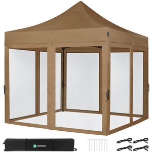 VONROC Easy-Up Partytent - 3x3 m - Premium easy-up Partytent - Set incl. Muggennet zijwanden - Modulair Ontwerp – Opvouwbaar – Waterdicht – Stalen Frame - 50+ UV Bescherming - Incl. Opbergtas - Beige