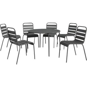 MYLIA Tuineethoek van metaal - Een ronde tafel D130 cm en 6 opstapelbare stoelen - Donkergrijs - MIRMANDE van MYLIA L 130 cm x H 79 cm x D 130 cm