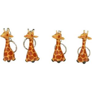 Sleutelhanger houten Giraffe - Hout - 11x3x3 cm - bruin - oranje - 4 stuks - India - Sarana - Fairtrade