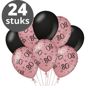 Verjaardag Versiering Pakket 80 jaar (24 stuks) Zwart en Roze - Ballonnen Roze & Zwart - Ballonnen Rose Goud / Black 80 jarige - Verjaardag 80 Birthday Meisje / Vrouw / Dames - Ballonnen verjaardag - Birthday Party Decoratie (80 Jaar)