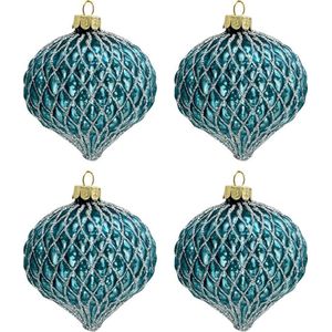 Clayre & Eef Kerstbal Set van 4 Ø 8 cm Blauw Glas Rond Kerstboomversiering