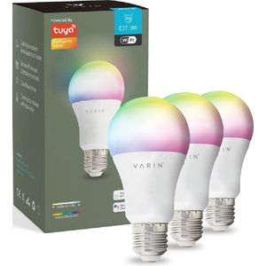Varin® Smart Led Lamp E27 [3 stuks] - 9W - Wit en RGB licht - Bediening via app - Voice control - Slimme bulb verlichting - Smart Light - Google Home en Amazon Alexa - Tuya wifi - Nachtlamp - Lampen woonkamer, keuken, slaapkamer, hal, kinderkamer