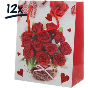 12x Stevige draagtassen LOVE Valentijn Moederdag Bloemen Rozen (23x18x10)cm zak cadeautasje gift bag verpakking