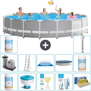 Intex Rond Prism Frame Zwembad - 610 x 132 cm - Grijs - Inclusief Pomp - Ladder - Grondzeil - Afdekzeil Chloor - Chloordrijver - Testrips - Reparatiesetje - Scrubborstel - PH-waarde - PH-waarde - Thermometer