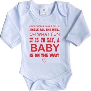 La Petite Couronne Romper Lange Mouw ""Jingle bells Jingle bells, Jingle all the way. Oh what fun it is to say, a baby is on the way"" Unisex Katoen Wit/rood Maat 62