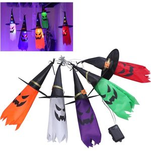 Halloween Ghost Light Decoratie - 5 stuks Kleurrijke Ghost Heks Hoed LED Hangende String Lights - Batterij Werkt Enge Halloween Party Decoratie voor Thuis Tuin