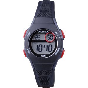 Xonix BAY-007 - Horloge - Digitaal - Kinderen - Unisex - Rond - Siliconen band - ABS - Cijfers - Achtergrondverlichting - Alarm - Start-Stop - Tweede tijdzone - Datumaanduiding - Waterdicht - 10 ATM - Zwart - Grijs - Rood