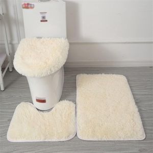 3 STKS Antislip Shaggy Badkamer Tapijt Set, U-vormige Contour Toilet Tapijt Water Absorberende Badkamer Mat Toilet Deksel Cover Beige