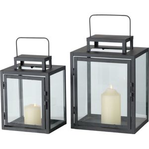Lantaarns Zwart Glas Metaal set van 2