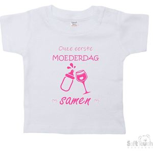 Soft Touch T-shirt Shirtje Korte mouw ""Onze eerste moederdag samen!"" Unisex Katoen Wit/roze Maat 62/68
