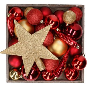 Bellatio decorations kerstballen set - 34-dlg - kunststof - rood/goud