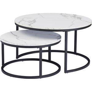 Moderne Marmeren Salontafel - Wit - Salontafels - Salontafel - Rond - Set van 2 - Zwart aluminium frame - 60&80CM diameter - Bijzettafels - Nachtkast meubel