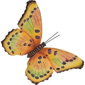 Tuin/schutting decoratie geel/paarse vlinder 44 cm - Tuin/schutting/schuur versiering/docoratie - Metalen vlinders