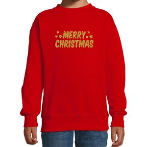 Merry Christmas Kerst sweater / trui - rood met gouden glitter bedrukking - kinderen - Kerst sweater / Kerst outfit 122/128