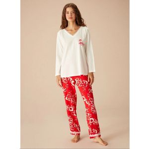 Suwen- Dames Pyjama Set - Homewear -Satijn Rood / Wit Maat L
