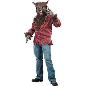PartyXplosion - Weerwolf Kostuum - Amerikaanse Weerwolf Shirt Met Masker - Man - rood,bruin - One size - Halloween - Verkleedkleding
